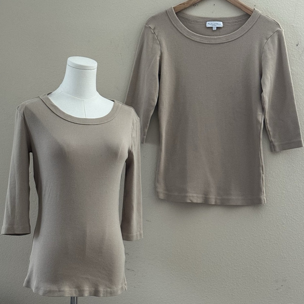 Michael Stars 2 Top Lot L Taupe Scoop Neck 3/4 Sleeve Cotton Stretch Tees
